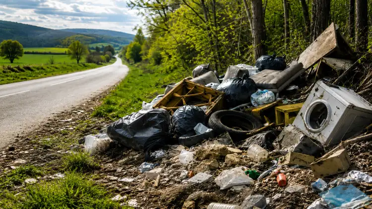 Illegális hulladéklerakó egy erdőszéli út mellett – figyelemfelhívás a környezet védelmére